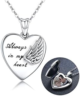 MEDWISE Locket Necklace That Holds Pictures Angel Wings Locket Necklace Pendant Gift for Women Always in My Heart Photo Lockets Keepsake 925 Sterling Silver