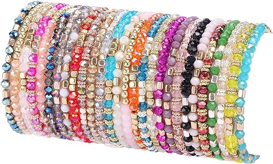 28Pcs Boho Beaded Bracelets for Women Colorful Stackable Sparkly Crystal Beads Bracelets Multi-Layer Versatile Statement Bracelets Stretch Cuff Jewelry Gifts