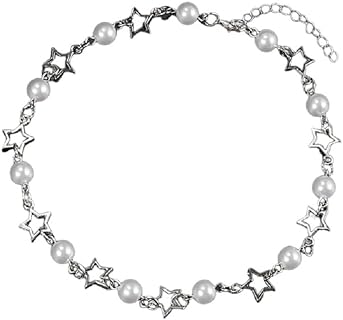 Y2K Star Pearl Charms Pendant Necklace Gothic Natural Stone Turquoise Beaded Adjustable Aesthetic Choker Necklace Grunge Star Healing Crystal Necklace Summer Jewelry for Teen Girls Women