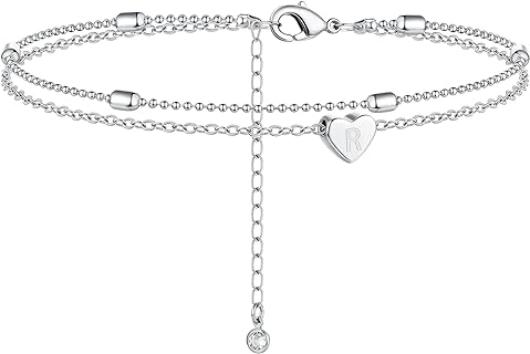 Moodear Sterling Silver Beaded Name Anklet with Lobster Claw Clasp and Cubic Zirconia for Women, Dainty Heart Charm Design