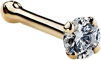 14K Yellow Gold Nose Stud with Cubic Zirconia for Women - Nickel-Free, 20 Gauge, Elegant Design