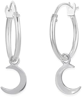 Boma Sterling Silver Crescent Moon Dangling Hoop Earrings with Hinged Hoop Back Finding