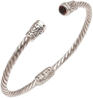 NOVICA Artisan Handmade Garnet Cuff Bracelet Sterling Silver from Bali Red Indonesia Birthstone [6 in L (end to End) x 0.2 in W] ' Spiral Temple'