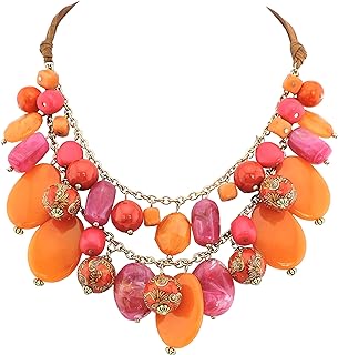 Lobster Clasp Acrylic Bead Bocar 2-Layer Statement Necklace for Women in Chunky Beaded Design, Nickel Chain, No Gemstone