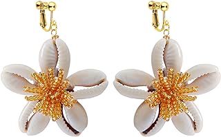 Bohemian Handmade Clip-On Crystal Earrings with Dangle Drop Cowrie Shell Flower Design for Women - A Chic Blend of Pink, Blue, Yellow Seed Beads and Gold Trend