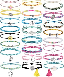 JeryWe Friendship Anklets with Bead Chain and Buckle Clasp, 24 Piece Set with Sunflower, Bee, Shell, Starfish Designs in Cubic Zirconia Gems– Waterproof and Adjustable Beachy Chic Charm Jewelry for Women and Teens