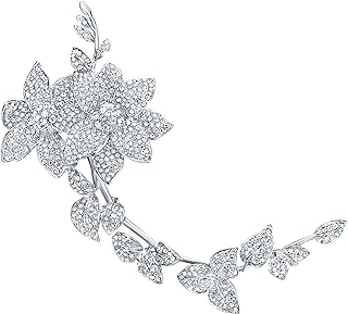 Pin-Stem-with-Safety Silver Leaf Brooch with Austrian Crystals for Women, Elegant Flowers and Leaf Design