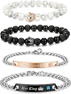 Crown Design Couple's Bracelet Set, Stainless Steel and Bead Chain, His & Her Inscriptions for Lovers - 4 Pcs FIBO STEEL Black Agate & White Howlite Bracelet