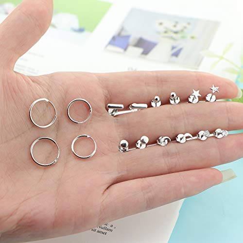8 Pairs Sterling Silver Stud Earrings Sets for Women Men 14K Gold Plated Tiny Ball Dot Star Moon Bar CZ Stud Earrings Lightweight Small Huggie Hoops Cartilage Earrings Sets for Multiple Piercing Hypoallergenic