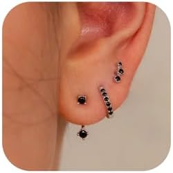 Women's Hypoallergenic Black Diamond Hoop Earrings - Brass and 925 Sterling Silver Studs Set for Multiple Piercings - Trendy, Waterproof, No Gemstone, Small Cartilage Design