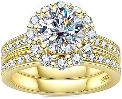 Moissanite Wedding Set 3CT D Color VVS1 Round Cut 14K Yellow Gold Plated 925 Sterling Silver Bridal Rings Set for Women