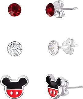 Disney Minnie and Mickey Mouse Silver Plated Crystal Stud Earring Set, 3 Pairs - Officially Licensed