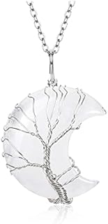 PESOENTH 7 Chakra Necklace Healing Crystal Life Tree Wire Wrapped Moon Shape Pendant Necklace Reiki Spirtual Crystals Quartz Crescent Moon Pendant for Women Men Jewelry Gift