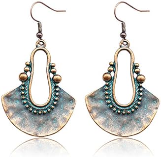 Boho Chic Handmade Hollow Shield Shape with Hammered Drop Earrings Vintage Statement Dangle Earring For Women Girls (Bronze)