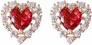 Sparkling Cubic Zirconia Red Heart Stud Earrings with Push Back, Silver Frame from Mirsprwin for Women and Girls