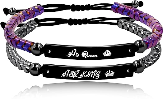 Handmade Gear Shape Hematite Beads Custom Engraved Name Bracelets for Men Women Couples Y1458 (BlackHerKing-PurpleHisQueen)