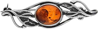 Sterling Silver Pin Clasp Brooch with Radiant Baltic Amber, Handcrafted Oval Design for Women, Approx. 1 1/2 inch Wide – Made in Poland