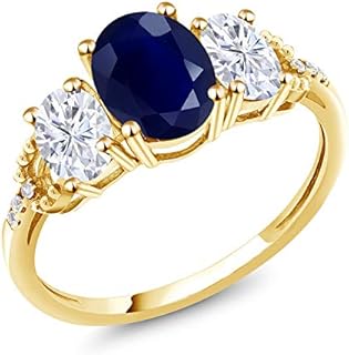 Gem Stone King 10K Yellow Gold Blue Sapphire White Moissanite and Diamond Engagement Ring | 2.84 Cttw | Gemstone Birthstone | 3 Stone Wedding Engagement Anniversary Promise Ring For Women