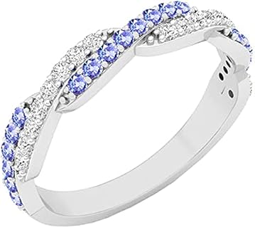Exquisite 14K White Gold Tanzanite Stackable Ring with Round Peridot and White Diamond Swirl Design
