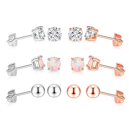 6 Pairs Stud Earrings Set,Hypoallergenic Opal Earrings Gold Plated Stud Earrings for Women