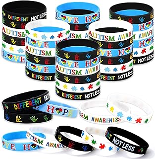 Whaline 50Pcs Autism Awareness Bracelets Colorful Inspirational Silicone Wristband 5 Styles Motivational Stretchy Bracelets for Autistic Pride Day Gifts Activities Supplies