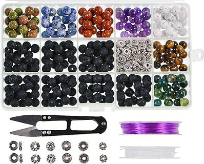 Natural Stone Beads Box Set Kits 8mm Round Loose Gemstone Natural Amethyst Lave Stone Assorted Color with Accessories Tools for Bracelet Jewelry Making (100% Natural Stone Beads Kit 1)
