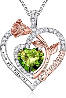 Iefil Gifts for Grandma - Birthstone Grandma Necklace, 925 Sterling Silver Rose Heart Pendant Birthstone Necklace for Grandma Mothers Day Christmas Birthday Gifts for Grandma Nana