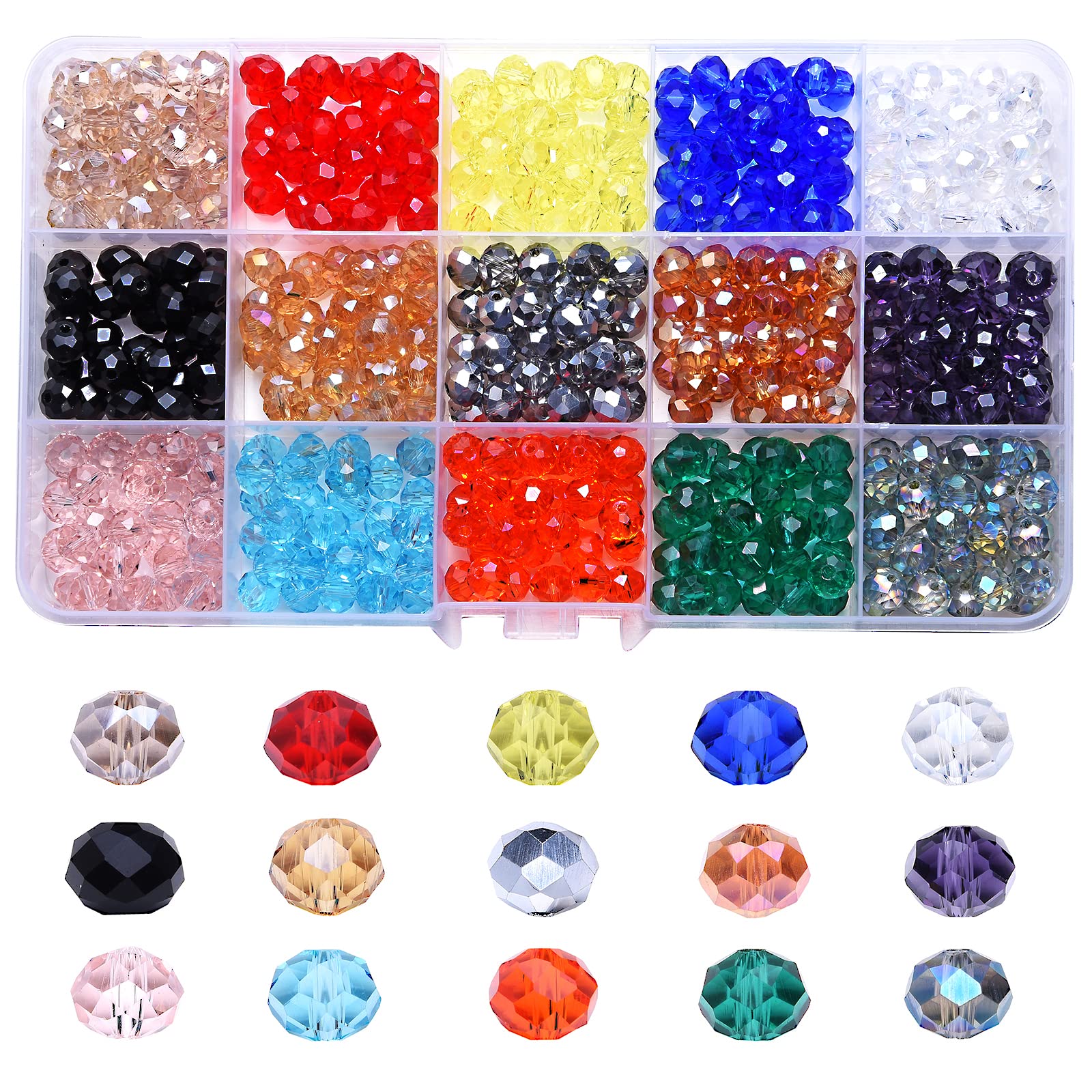 MEIUIJQ Glass Birthstone Beads for Bracelets - 8mm Briolette 450Pcs Crystal Set in Sparkling Rondelle Shape - Colourful AB Crystal Spacer Beads for Handmade Jewelry with Container Box (15 Colors/Box)