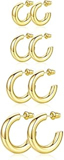 14K Gold Plated Thick Hoop Earrings Set with Hinged Hoop Back for Women - Assorted Sizes 20/30/40/50mm - Durable Alloy Material