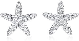 Chic Cubic Zirconia Starfish Stud Earrings with Push-Back for Women and Teen Girls, White Gold Plated Summer Beach Design