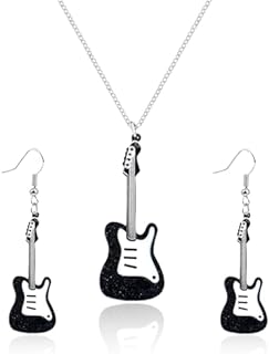 Electric Bass Guitar Drop Earrings & Necklace Set for Women, Lightweight Acrylic Design with Titanium & Platinum - Concert Party Rock n' Roll Accessories with Lobster Clasp