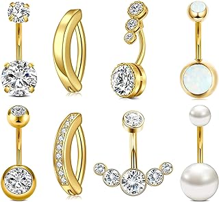 ShinyStyle J4You 8 Pcs Gold/Silver Belly Button Ring for Women Hypoallergenic Surgical Stainless Steel Belly Rings Pearl Opal CZ Clicker Belly Button Piercing Navel Piercings Pack