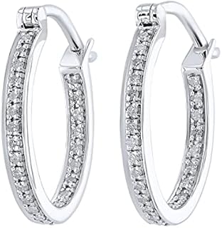 Dazzlingrock Collection 0.25 Carat (ctw) Round White Diamond Hip Hop Iced Oval Hoop Earrings for Women in Platinum Plated 925 Sterling Silver