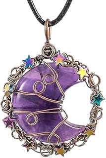 TUMBEELLUWA Crescent Moon Star Crystal Necklace for Women Men Reiki Healing Stone Copper Wire Wrapped Pendant with Adjustable Cord