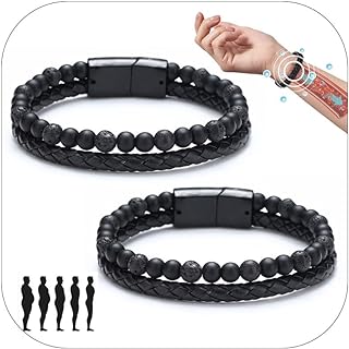 YANCHUN 2 Pcs Lugxb Natural Agate Stone Leather Beaded Bracelets for Men Natural Stone Bracelets Humanic+ Maxhematie Beaded Bracelets Black Leather Bracelet for Women