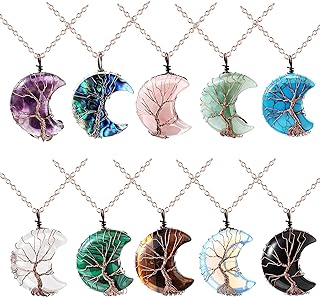 10 Pieces Crystal Necklaces Life Tree Moon Necklace Healing Crystal Stones Necklaces Spiritual Pendants Natural Quartz Jewelry with Exquisite Velvet Bag for Women Girls