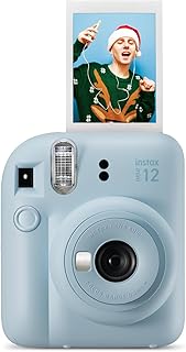 Fujifilm Instax Mini 12 Instant Film Camera in Pastel Blue with Auto Exposure, Built-in Selfie Mirror, and Compact Design. Perfect for Selfie Enthusiasts and Quick Snaps