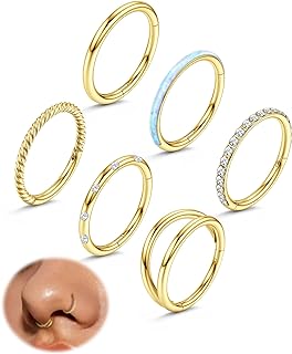 Besteel 18G Surgical Steel Nose Rings Hoop Small Opal CZ Clicker Hinged Septum Piercing Jewelry for Women Men Lip Helix Cartilage Conch Tragus Rook Daith Earrings Steel Gold-tone 8MM 10MM