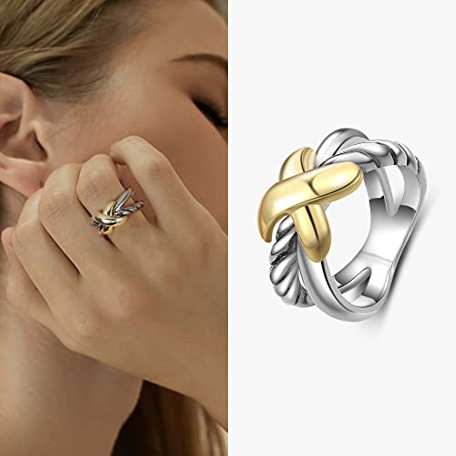 Gold and Silver Cross Rings for Women, Fashion Statement Ring X Knot Band Chunky Twisted Cable Wire Ring Jewelry Gifts for Her