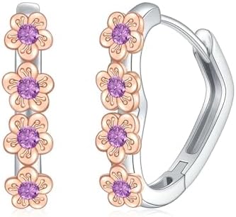 Sterling Silver Clasp Pave Heart Hoop Earrings with Cubic Zirconia for Women - Unique Plum Blossom Flower Design