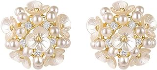 Elegant Flower Pearl Stud Earrings Sterling Silver Pins Cubic Zirconia Crystal Little Flower Wedding Earrings Studs 14K Gold Plated Jewelry Gifts for Women Girls Mothers Day