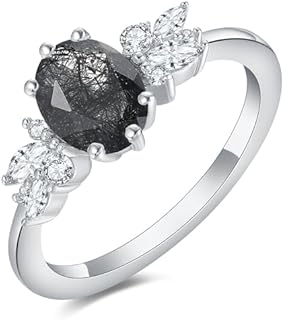 Natural Black Spinel 925 Silver Ring 1.5CT 6x8mm Oval Cut Natural Black Rutilated Quartz Wedding Rings for Women Prong Setting Natural Black Rutilated Quartz Engagement Ring Natural Gemstone Promise Ring Black Ring Gifts for Her