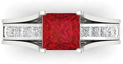 Clara Pucci 3.40ct Princess Cut Faux Red Ruby Engagement Ring with Pave Band and Custom Engraving, Bridal Set in 14k White Gold, Size 3.5