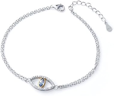 DAOCHONG Sterling Silver Double Strand Evil Eye Cuff Bracelet with Lobster Claw Clasp, Cable Chain, and Light Blue Cubic Zirconia Gem