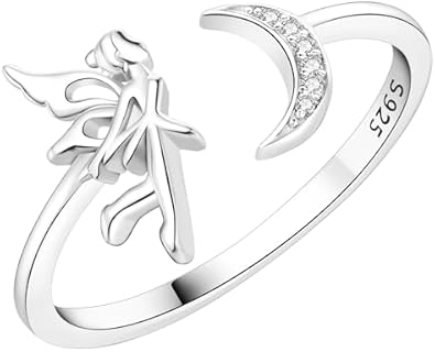 NUJIFFY Adjustable Crescent Moon Engagement Ring, 925 Sterling Silver and Zircon Gem, Ideal for Women & Men, Unique Fairy Design