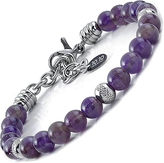 10:10 Bracelet en améthyste naturelle de 6 mm avec perles en acier inoxydable hypoallergénique, 21 cm ajustable, fabriqué en Italie, stimulant la créativité et l'intelligence