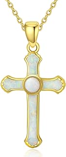 14K Gold Plated Sterling Silver Cross Pendant Necklace with Cable Chain and Opal Gemstone, Elegant Design and Symbolic Meaning