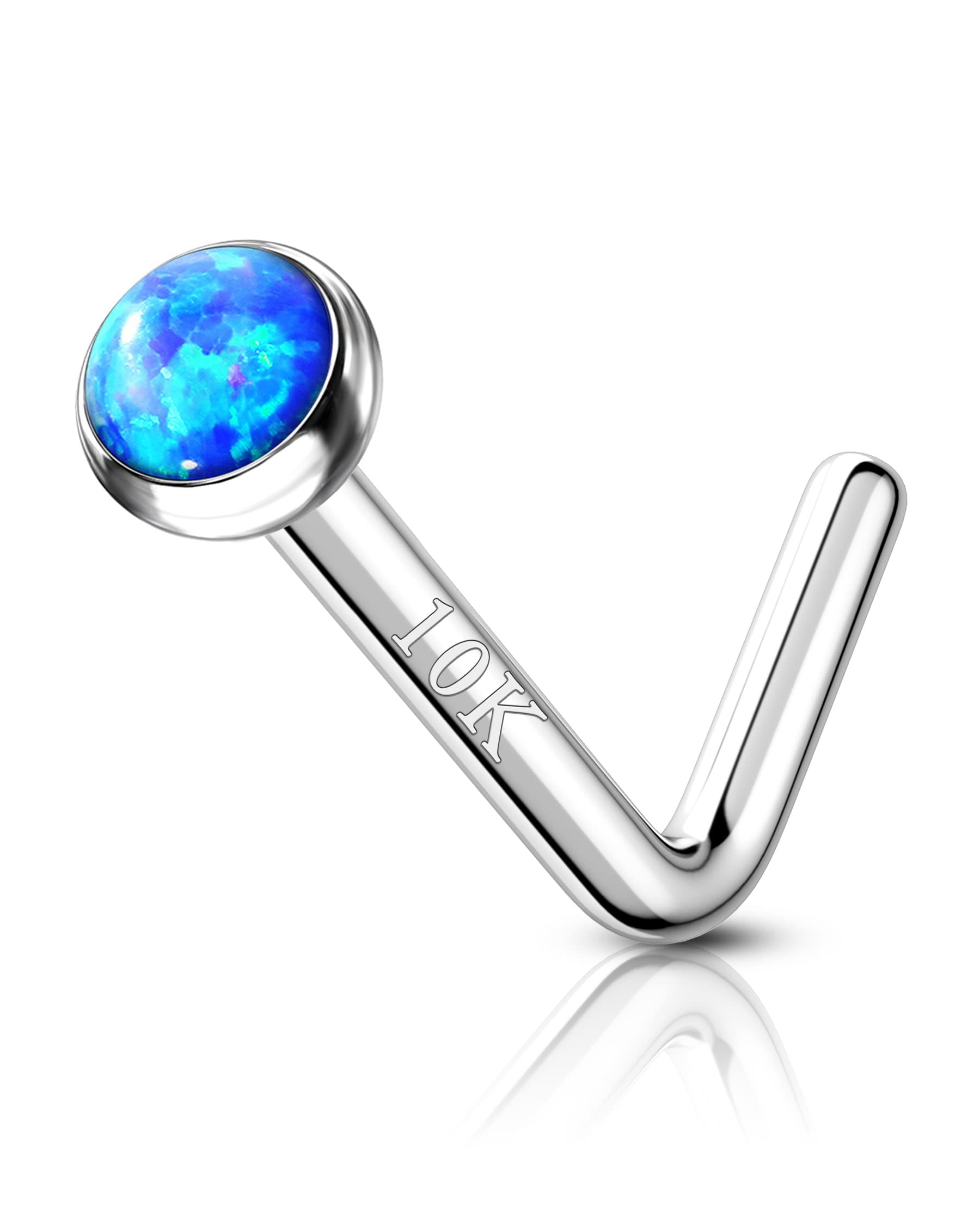 COCHARM 10k White Gold Nose Stud 20g Blue Opal L Bend Nose Piercing White Gold Nose Rings Stud for Women Man White Gold Nose Piercing 10k Hypoallergenic Nose Stud