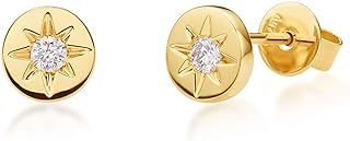 Carleen 14k Solid Yellow Gold Round Circle Diamond Star Burst Compass Stud Earrings For Women Girls (0.12ct, I-J Color, SI2 Clarity)