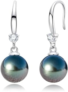 8-12mm Tahitian Black Pearl Dangle Earrings with Moissanite and French Wire Back, 18K White Gold Plated on Sterling Silver